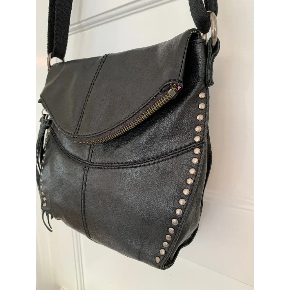 The Sak Silverlake Crossbody Purse / Black Studded Leather Moto Bag w Fringe Zip